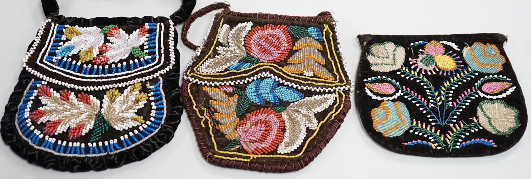 Three mid to late 19th century Haudenosaunee (Iroquois) North American Indian glass beaded velvet bags